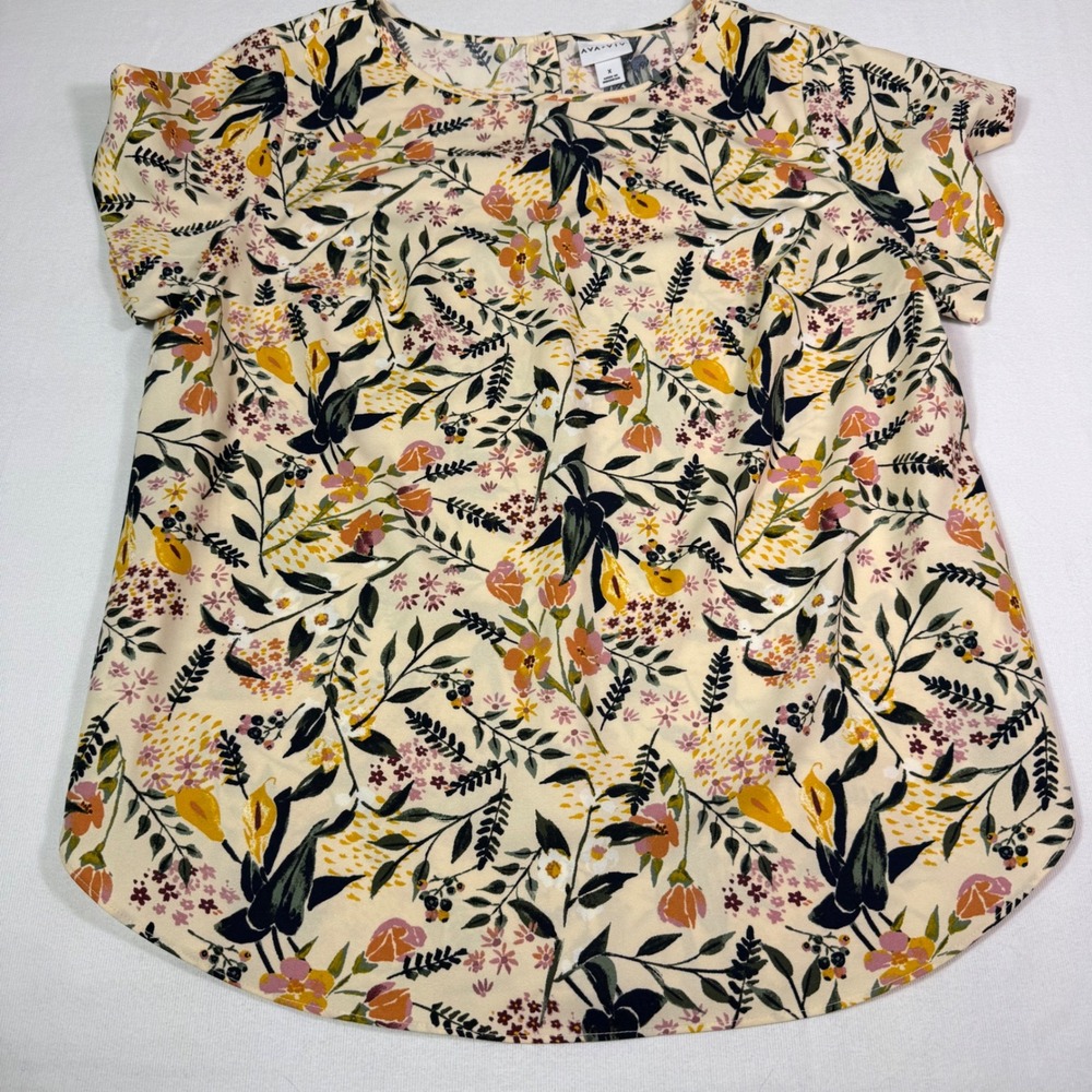 Ava & Viv Floral Blouse X Cream Short Sleeve Botanical Crew Neck Crepe Top